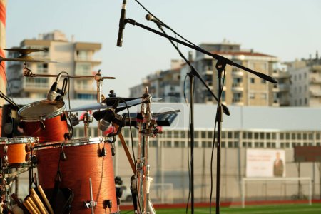 Photo for Close up shot of drum set and microphone for a concert. - Royalty Free Image
