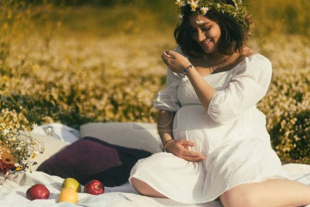 Téléchargez les photos : Sur une couverture de pique-nique blanche ornée d'oreillers, une femme enceinte se relaxe parmi les pommes, un panier de fleurs sèches et des oreillers blancs confortables - en image libre de droit