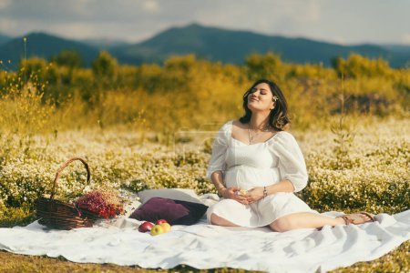Photo for On a white picnic blanket adorned with pillows, a pregnant woman is relaxing amongst apples, a basket of dry flowers, and comfortable white pillows - Royalty Free Image