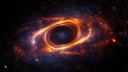 An imaginative illustration of a black hole, pulling in all the light and matter around it. A striking visualization of one of the most enigmatic phenomena in the universe