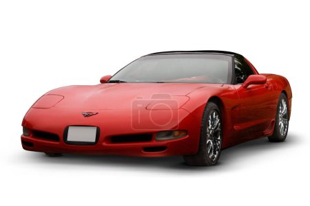 Photo for Izmir, Turkey - June 3, 2023: A vibrant studio shot of a red 2000 Chevrolet Corvette positioned diagonally against a white backdrop. - Royalty Free Image