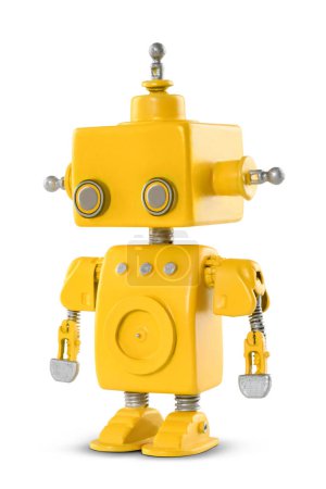 Foto de Un encantador modelo de robot miniatura hecho a mano con un diseño retro de los años 60, con un encantador color amarillo. El fondo es blanco puro, realzando el atractivo adorable del robot - Imagen libre de derechos
