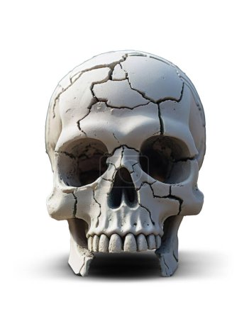 Photo for A detailed depiction of a cracked human skull, displayed with its shadow against a white background. - Royalty Free Image