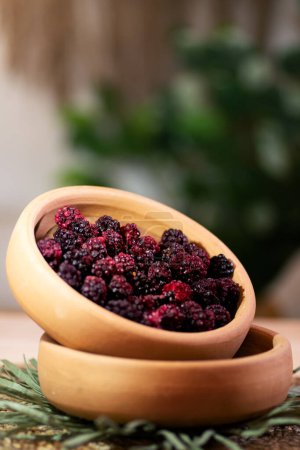 Photo for An up-close, detailed shot capturing a bowl brimming with fresh, red blackberries. The focus is sharp, highlighting the texture and rich color of the berries. - Royalty Free Image
