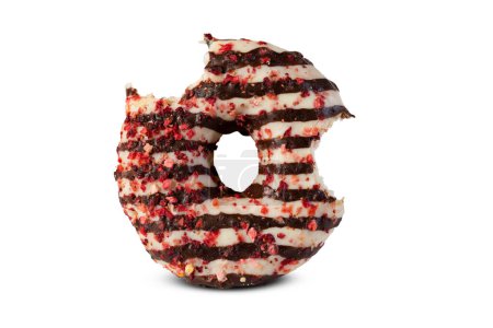 Photo for A delicious donut, visibly bitten in two places, displayed against a pristine white backdrop - Royalty Free Image