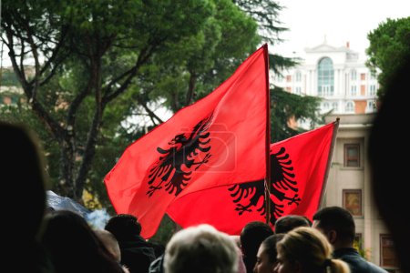 Foto de Tirana, Albania - 28 de noviembre: Un primer plano de las banderas albanesas en poder de los ciudadanos que observan las celebraciones del Día de la Independencia bajo la lluvia - Imagen libre de derechos