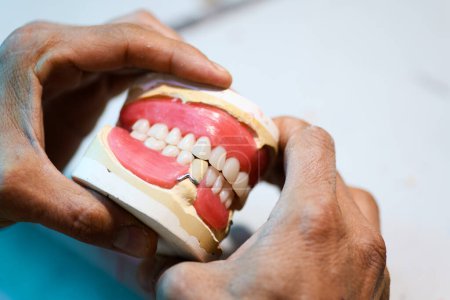 Téléchargez les photos : Gros plan de l'artisanat dentaire prothétique, mettant en valeur le travail détaillé de création d'une prothèse dentaire - en image libre de droit