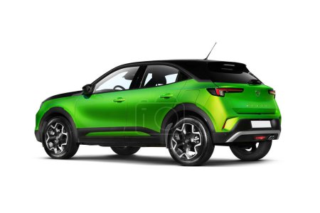 Photo for Izmir, Turkey - December 23, 2023: Studio shot capturing the rear and partial left side of a green 2022 Opel Mokka model against a white background - Royalty Free Image