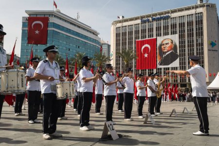 Photo for Izmir, Turkey - April 23, 2024: Izmir Metropolitan Municipality's band performs at Republic Square during National Sovereignty and Children's Day celebrations - Royalty Free Image