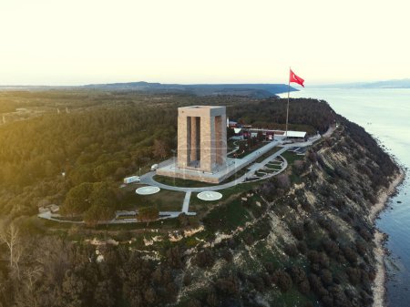 Canakkale, Turkey - Mar 19 2024: Aerial photo of the historic Martyrs' Memorial located on the Gallipoli Peninsula in Canakkale, showcasing the monument and surrounding landscape