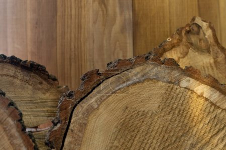 Cross-sawn pieces of an oak trunk against background of an oak barrel close-up
