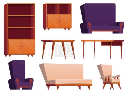 Illustration for Furniture items in cartoon style. Collection of wooden wardrobe, chair, table, desk and armchair vector illustration isolated on white - Royalty Free Image