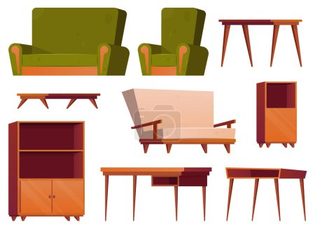 Téléchargez les illustrations : Furniture items in cartoon style. Collection of wooden wardrobe, chair, table, desk and armchair vector illustration isolated on white - en licence libre de droit