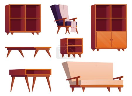Ilustración de Artículos de muebles en estilo de dibujos animados. Colección de armario de madera, silla, mesa, escritorio y sillón vector ilustración aislado en blanco - Imagen libre de derechos