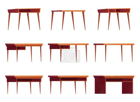 Téléchargez les illustrations : Office wooden desks for work. Collection of cartoon wooden tables, vector illustration isolated on white - en licence libre de droit