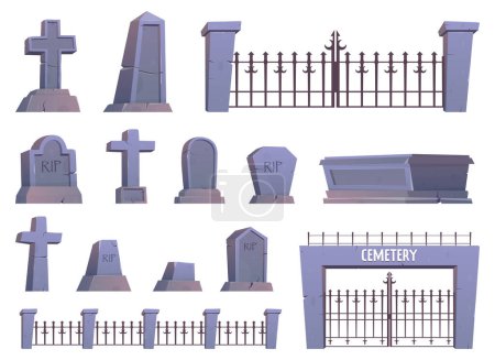Illustration for Gothic tombstones and stone crosses. Cemetery crosses, tomb mausoleum, pillar and ancient memorials with cracks - Royalty Free Image