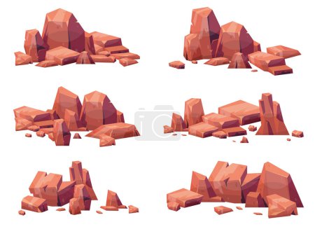 Illustration for Cartoon stones collection isolated on white. Pieces of mountain rock and desert stones vector illustration - Royalty Free Image