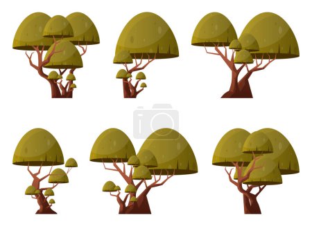 Téléchargez les illustrations : Collection colorée d'arbres de dessin animé isolé sur blanc. Illustration vectorielle des arbres forestiers - en licence libre de droit
