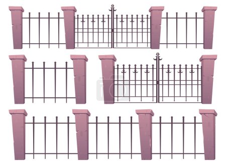 Téléchargez les illustrations : Portes d'entrée et clôture en acier et béton en illustration vectorielle de style dessin animé - en licence libre de droit