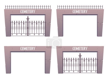 Illustration for Entrance to the cemetery, steel and stone gates in cartoon style. Vector illustration isolated on white - Royalty Free Image