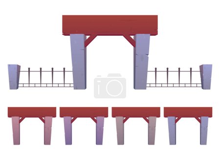 Illustration for Gates and fence made from concrete, wood and steel in cartoon style. Vector illustration isolated on white - Royalty Free Image