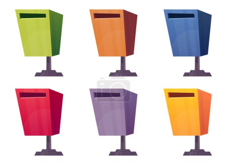 Ilustración de Conjunto de botes de basura de colores en ilustración vectorial estilo caricatura aislado en blanco - Imagen libre de derechos