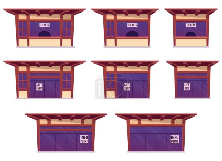 Illustration for Tickets shop and gift shop building in cartoon style vector illustration isolated on white - Royalty Free Image