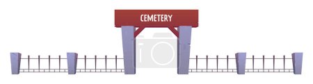 Téléchargez les illustrations : Clôture du cimetière et entrée du cimetière en style dessin animé. Illustration vectorielle isolée sur blanc - en licence libre de droit