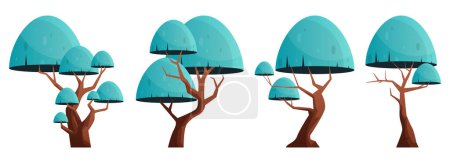 Téléchargez les illustrations : Collection colorée d'arbres de dessin animé isolé sur blanc. Illustration vectorielle des arbres forestiers - en licence libre de droit