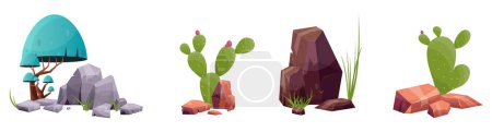 Téléchargez les illustrations : Pierre du désert avec des plantes en différentes couleurs illustration vectorielle isolé sur blanc - en licence libre de droit
