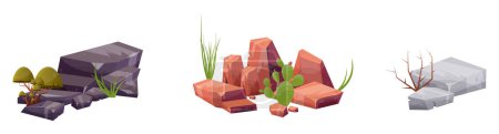 Illustration for Desert rock with plants in different colors vector illustration isolated on white - Royalty Free Image