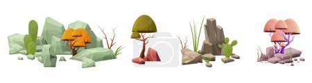 Téléchargez les illustrations : Desert rock with plants in different colors vector illustration isolated on white - en licence libre de droit
