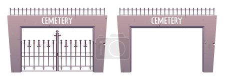Illustration for Entrance to the cemetery, steel and stone gates in cartoon style. Vector illustration isolated on white - Royalty Free Image