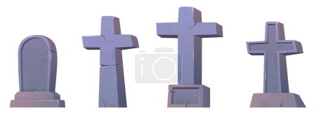 Ilustración de Tumbas góticas y cruces de piedra. Cruces del cementerio, mausoleo de la tumba, pilar y monumentos antiguos con grietas - Imagen libre de derechos