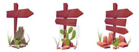 Téléchargez les illustrations : Panneaux directionnels en bois avec des roches désertiques et des plantes dans l'illustration vectorielle de style dessin animé isolé sur blanc - en licence libre de droit