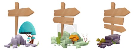 Illustration for Wooden directional sign boards with desert rocks and plants in cartoon style vector illustration isolated on white - Royalty Free Image
