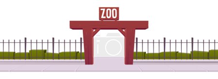Téléchargez les illustrations : Entrée du zoo avec clôture en acier et illustration vectorielle de portail en bois - en licence libre de droit