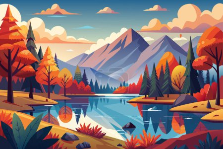 Illustration for Autumn landscape with lake, vector illustration. - Royalty Free Image