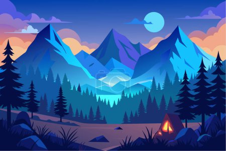 Illustration for Mountains panorama. Forest mountain range landscape, blue mountains n twilight, camping nature landscape silhouette vector illustration. Forest range landscape, panorama silhouette hill. - Royalty Free Image