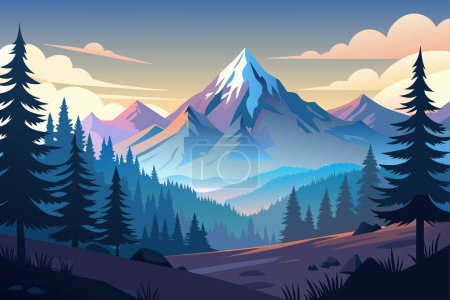 Paysage montagneux réaliste. Panorama en bois du matin, silhouettes de pins et de montagnes. Vecteur forêt randonnée arrière-plan
