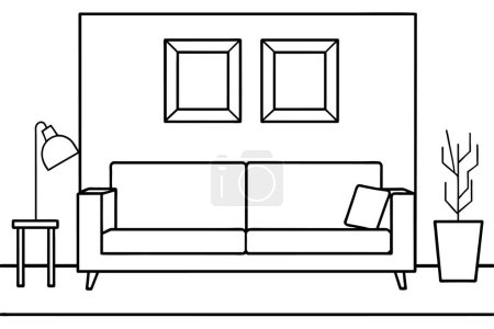 Illustration for Wall-modern living room with mockup frame, line art, vector illustration - Royalty Free Image