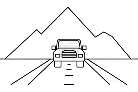 Téléchargez les illustrations : Vue de face d'un seul camion sur la route de la montagne, art linéaire, illustration vectorielle - en licence libre de droit