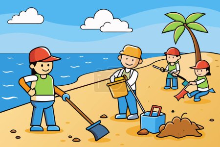 Téléchargez les illustrations : Vecteur personnes nettoyant les plages ensemble - en licence libre de droit
