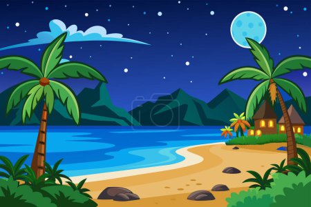 Illustration for Vector tropical beach landscape scene at night - Royalty Free Image