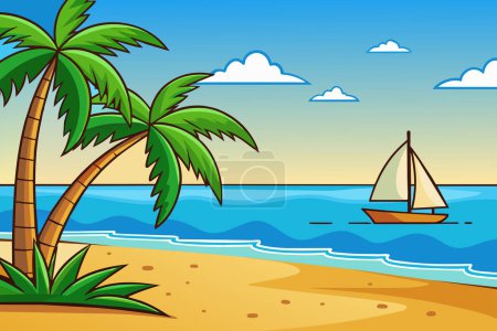 Ilustración de Vector tropical playa paisaje con velero y palmeras en la orilla del mar verano vacaciones fondo - Imagen libre de derechos