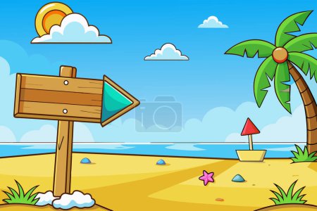Téléchargez les illustrations : Vecteur vacances d'été fond de plage avec flèche en bois - en licence libre de droit