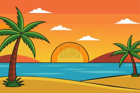 Téléchargez les illustrations : Fond d'été avec coucher de soleil et palmiers - en licence libre de droit