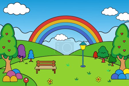 Illustration for Nature park scene background with rainbow in the sky - Royalty Free Image