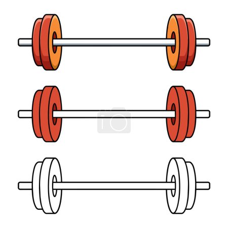 Illustration for Set weightlifting barbell design element vector illustration. This collection provides a variety of barbell graphics perfect for logos, labels, emblems, posters, and more.  All elements are fully scalable and editable. - Royalty Free Image