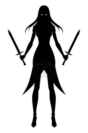 The silhouette of a beautiful girl with long hair, he stands gracefully with two paired combat knives ready for battle. 2d vector art